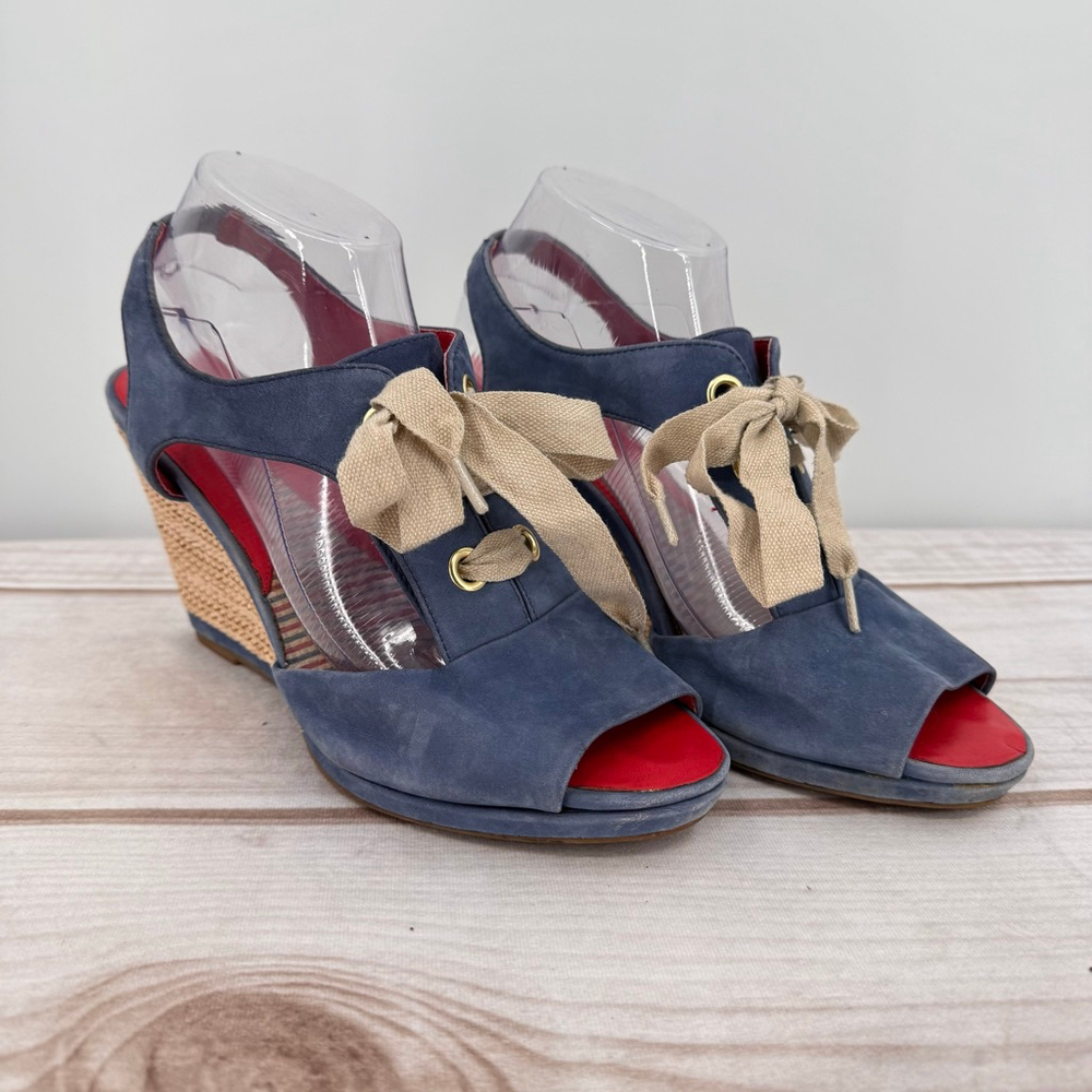Blue Suede Espadrilles Johnston & Murphy Meagan Gillie Wedge Lace Up Retro 10M